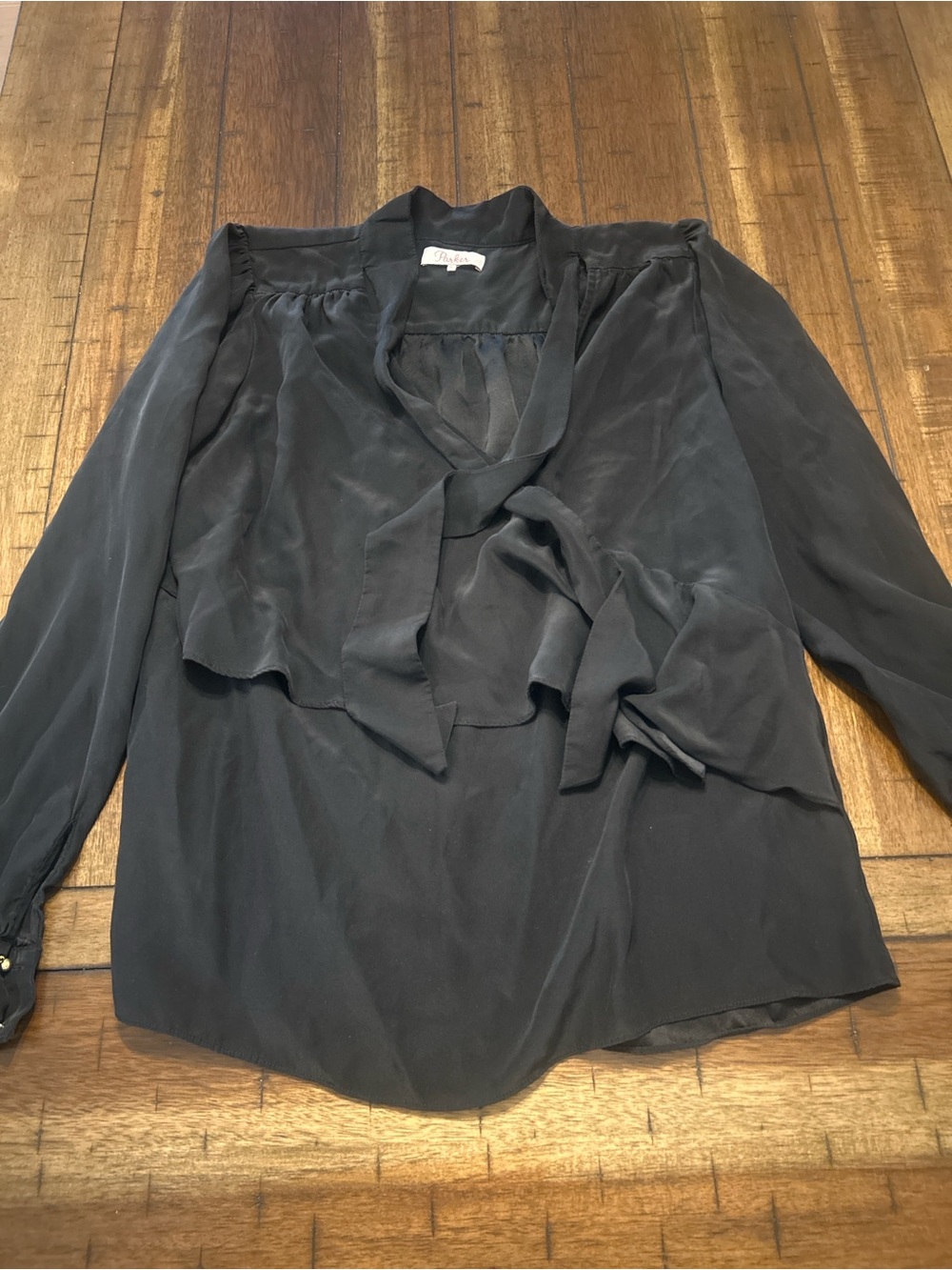 Parker Silk Blouse Womens Medium Black Ruffle Tie Neck Long Sleeve Top